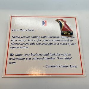 VTG Carnival Cruise Lines Carnival Valor Collectible Lapel Pin and Card